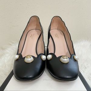 Gucci Malaga Kid Pearl Embellished Willow Loafer Pumps Size 37 Black Authentic